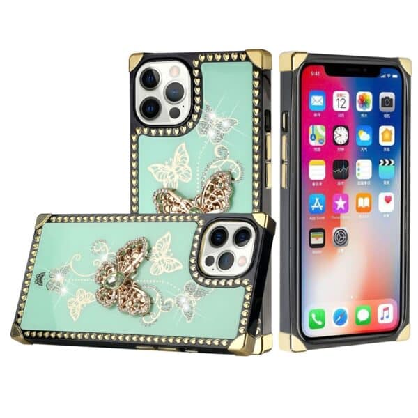 For Apple iPhone 13 Pro Passion Square Hearts Diamond Glitter Ornaments Engraving Case Cover Garden Butterflies