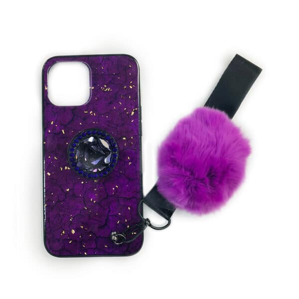 For Apple iPhone 13 Mini 5.4 Marble Glitter Case with Fur Ball & Strap