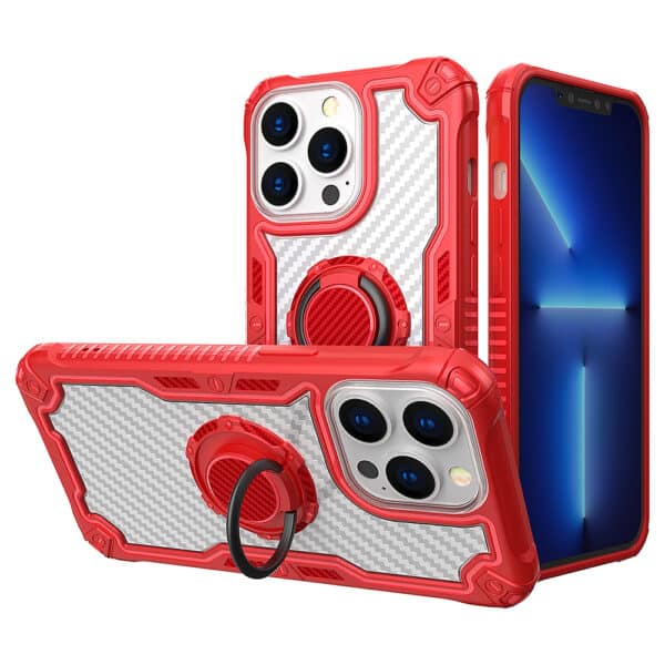 For Apple iPhone 13 Pro 6.1 (3 Cameras) Carbon Fiber Design Fused Magnetic Ring Stand Case Cover