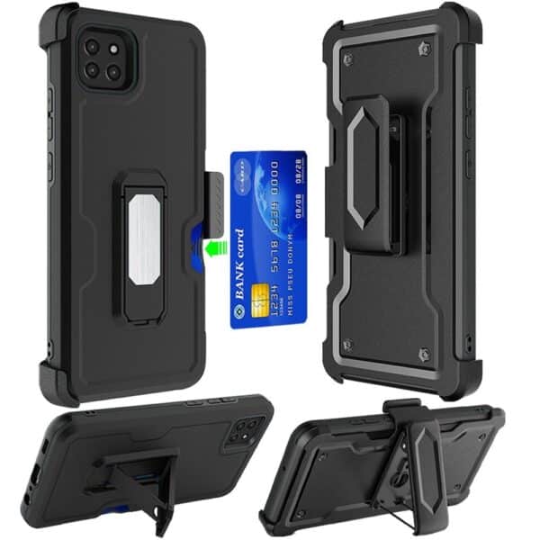 For Boost Celero 5G, Samsung A22 5G CARD Holster with Kickstand Clip Hybrid Case Cover