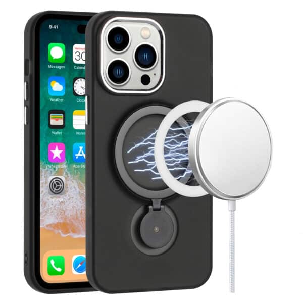For Apple iPhone 15 Pro Max Hoop Kickstand Magnetic Circle HD Transparent Chrome Hybrid