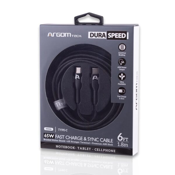 Cable Dura Speed 65W PD Fast Charge - Type C to Type C 3A Nylon Braided 1.8M/6FT Black