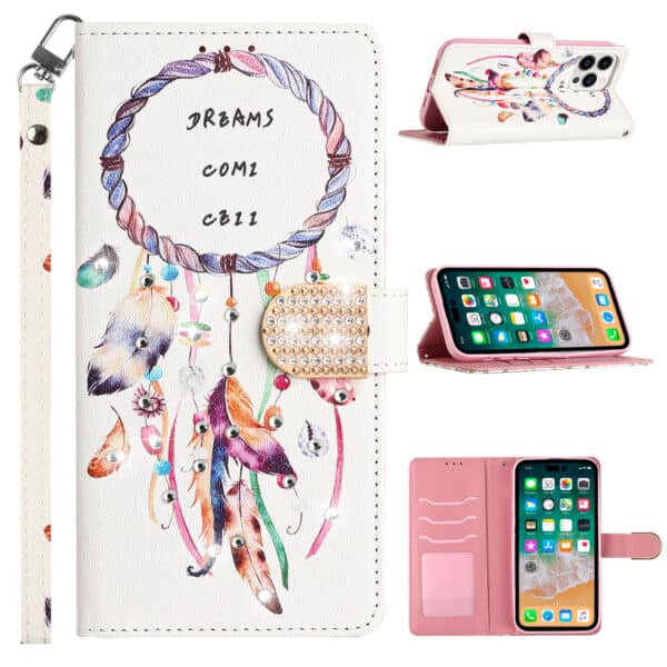 For Apple iPhone 14 PRO 6.1" Diamond Bling Design Wallet With Lanyard Cover Case - Dreams Come True