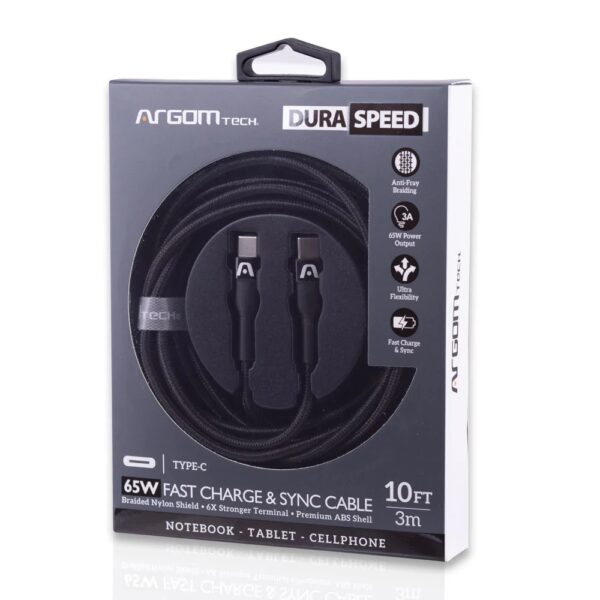 Cable Dura Speed 65W PD Fast Charge - Type C to Type C 3A Nylon Braided 3M/10FT Black