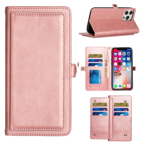 For Apple iPhone 14 PRO 6.1" Wallet Premium PU Vegan Leather ID Multiple Card Holder Money with Strap